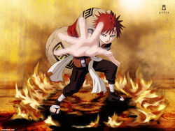  1boy aqua_eyes fighting_stance forehead_protector forehead_tattoo full_body gaara_(naruto) gourd highres male_focus naruto naruto_(series) ninja ramenbowl red_hair sand solo sunagakure_symbol watermark web_address 