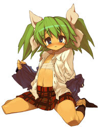  1boy bad_id bad_pixiv_id blush bow chest_sarashi crossdressing cruz_schild flat_chest frown green_hair itsukia male_focus midriff miniskirt needless open_clothes open_shirt otoko_no_ko ribbon sarashi skirt solo tears twintails undressing yamada_(needless) 