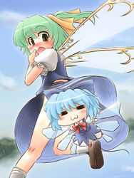  2girls :3 =_= blue_bow blue_dress blue_hair blue_skirt blue_vest blush bow brown_footwear censored chibi cirno closed_mouth convenient_censoring daiyousei dress fairy_wings frilled_sleeves frills green_eyes green_hair hair_between_eyes hair_ribbon hairbow kakkou multiple_girls nose_blush open_mouth outdoors pinafore_dress puffy_short_sleeves puffy_sleeves ribbon shirt shoe_soles short_hair short_sleeves side_ponytail skirt skirt_set sleeveless sleeveless_dress socks touhou vest white_legwear white_shirt wings 