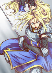  armor armored_dress black_gloves black_thighhighs blonde_hair blue_dress blue_eyes boots breastplate charlotte_christine_de_colde commentary_request dress elbow_gloves elbow_pads epee female fighting_stance gloves hair_ribbon knee_pads long_hair low-tied_long_hair open_mouth pauldrons rapier ribbon samurai_spirits shoulder_armor solo sword tabard thigh_boots thighhighs uzura_(suzukane) weapon 