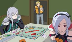  2boys bad_id bad_pixiv_id board_game eas_(fresh_precure!) female fresh_precure! gloves grey_hair hairband higashi_setsuna mogumogumogu monopoly multiple_boys nishi_hayato precure product_placement red_eyes short_hair souler_(fresh_precure!) wester_(fresh_precure!) 