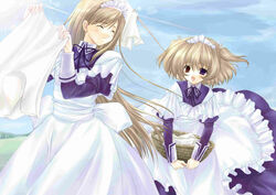  2girls angelic_serenade basket blonde_hair day grass happy heterochromia maid multiple_girls purple_eyes red_eyes sky smile sun sunlight tenbatsu_angel_rabbie tree windmill 