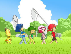  4boys alien beetle blue_hair bug bug_hunting butterfly_net cape chibi cloud day female field green_hair hand_net hiking kabiinyo_(kab) multiple_boys original outdoors pink_hair red_hair rural sky summer thermos tree 