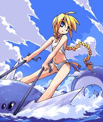  bikini blonde_hair blue_eyes braid cloud commentary_request day female flat_chest girl_with_a_blonde_braid_(tomoshibi_hidekazu) long_hair lowres navel ocean oekaki original riding sky solo swimsuit tomoshibi_hidekazu very_long_hair water 