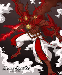  1boy alternate_form bad_id bad_pixiv_id collarbone copyright_name dark-skinned_male dark_skin dragon_install energy_sword guilty_gear guilty_gear_2 holding holding_sword holding_weapon looking_at_viewer male_focus monster pants red_eyes shirorenge_(huruhuru) sol_badguy solo standing sword weapon wings 