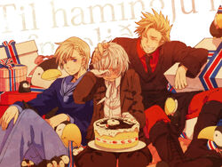  3boys axis_powers_hetalia bird birthday blonde_hair blue_eyes blush boots cake closed_eyes commentary_request crying denmark_(hetalia) food gift grin happy_birthday iceland_(hetalia) icelandic_text male_focus meko_(himaki) multiple_boys necktie norway_(hetalia) photoshop_(medium) sailor sitting smile strawberry_shortcake tears white_hair 