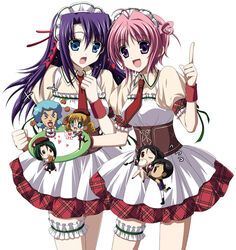  2boys 5girls alisa_(kiddy_girl-and) ascoeur belle_(kiddy_girl-and) black_hair blonde_hair blue_eyes blue_hair bridal_garter chibi corset crossdressing green_hair gto_receptionist_uniform hairband higa_yukari kiddy_girl-and kiddy_grade mi_nourose multiple_boys multiple_girls necktie one_eye_closed pink_hair plate purple_eyes purple_hair q-feuille red_eyes ribbon tweedledee_(kiddy_grade) tweedledum_(kiddy_grade) waitress wrist_cuffs 