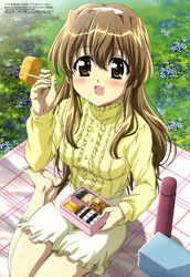  absurdres barefoot bento blush brown_eyes brown_hair drink female food grass headband highres ishikawa_masakazu long_hair megami_magazine nogizaka_haruka nogizaka_haruka_no_himitsu official_art omelet open_mouth picnic solo tamagoyaki very_long_hair 