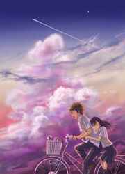  1boy bicycle bicycle_basket black_hair black_legwear black_pants black_skirt blush brown_hair closed_eyes cloud commentary_request contrail couple female floating_hair hug hug_from_behind kaeru_(kaerism) koiso_kenji light_smile multiple_riders necktie open_mouth outdoors over-kneehighs pants photoshop_(medium) pillion riding school_uniform shinohara_natsuki shirt sidesaddle skirt sky star_(sky) straight summer_wars sunset surprised thighhighs waist_hug white_shirt yellow_necktie 