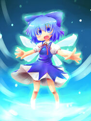  bad_id bad_pixiv_id blue_background blue_bow blue_dress blue_eyes blue_hair bow breasts cirno collared_shirt dress feet_out_of_frame female hair_between_eyes hairbow kakkou neck_ribbon open_mouth pinafore_dress puffy_short_sleeves puffy_sleeves red_ribbon ribbon shirt short_hair short_sleeves sleeveless sleeveless_dress small_breasts solo teeth touhou upper_teeth_only white_shirt wings 