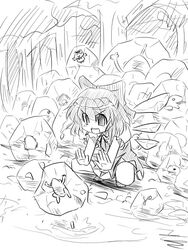  bad_id bad_pixiv_id bow cirno female frog greyscale hairbow ice kakkou monochrome short_hair solo touhou wings 