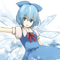  blue_bow blue_dress blue_eyes blue_hair bow cirno collared_shirt commentary_request detached_wings dress female hair_between_eyes hairbow head_tilt highres ice kuma_panda looking_at_viewer neck_ribbon open_mouth pinafore_dress puffy_short_sleeves puffy_sleeves red_ribbon ribbon shirt short_sleeves sleeveless sleeveless_dress solo touhou white_shirt wings 