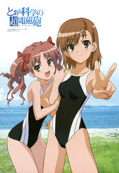  2girls :3 absurdres arm_hug beach black_one-piece_swimsuit blush bow brown_eyes brown_hair cloud competition_swimsuit day foreshortening hairbow hand_on_own_hip highres ishikura_keiichi megami_magazine misaka_mikoto multicolored_clothes multicolored_swimsuit multiple_girls non-web_source ocean official_art one-piece_swimsuit outdoors pink_eyes pink_hair scan shirai_kuroko short_hair sky smile swimsuit toaru_kagaku_no_railgun toaru_majutsu_no_index tokiwadai_school_swimsuit twintails v water 