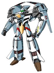  1980s_(style) arm_cannon chad_(marchly) colorized energy_cannon kawamori_shouji macross macross_flashback_2012 mecha missile_pod no_humans official_art production_art retro_artstyle robot roundel science_fiction simple_background solo traditional_media variable_fighter vf-4 weapon 