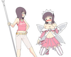  alternate_breast_size blush breasts cleavage commentary_request cosplay female friulian_spear great_spirit_revealing_maid_costume holding holding_polearm holding_weapon itsuwa medium_breasts moruda pink_theme polearm simple_background small_breasts staff standing toaru_majutsu_no_index toaru_majutsu_no_index:_old_testament weapon 