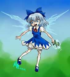  blue_eyes blue_hair bow cirno female frog hairbow madkoifish short_hair solo touhou wings 