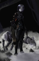  android artist_request black_hair blame! bob_cut bodysuit cannon cyberpunk cyborg emblem exterminator_(blame!) facial_mark female fog forehead_mark graviton_beam_emitter grey_eyes humanoid_robot robot safeguard_(blame!) sanakan science_fiction weapon white_eyes 