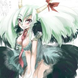  between_breasts breasts cleavage commentary_request ex-keine female green_hair horn_ornament horn_ribbon horns kamishirasawa_keine large_breasts long_hair lowres naui_kudan necktie necktie_between_breasts red_eyes ribbon solo touhou 