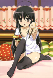  absurdres ahoge black_hair black_thighhighs blush brown_eyes feeding feet female food foreshortening hands highres imoto_yuki incoming_food legs long_hair no_shoes nyantype official_art panties pantyshot pillow pocky scan shakugan_no_shana shana shirt solo striped_clothes striped_panties thighhighs underwear 