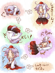  ahoge animal_ears chibi commentary_request female grey_hair hat inubashiri_momiji kisaragi_you long_sleeves rolling short_hair sleeves_past_wrists tail tokin_hat touhou translated wolf_ears wolf_tail 