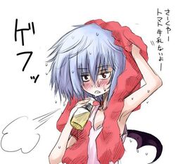  armpits bat_wings blue_hair commentary_request female lowres naui_kudan red_eyes remilia_scarlet short_hair solo touhou towel translated upper_body vampire wet wings 