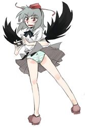  ass black_wings blush camera commentary_request female full_body hat looking_at_viewer looking_back naui_kudan no_legwear open_mouth panties red_eyes shameimaru_aya simple_background skirt smile smirk solo striped_clothes striped_panties tokin_hat touhou underwear white_background wings 