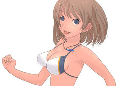  :p bikini blue_eyes breasts brown_hair clenched_hand copyright_request female jewelry kiriman_(souldeep) large_breasts necklace open_mouth simple_background solo swimsuit tongue tongue_out upper_body white_background 