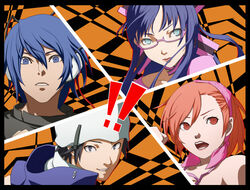  ! !! 2boys 2girls all-out_attack beanie choker commentary_request company_connection cut-in devil_survivor glasses hat headphones kamakiri kihara_atsurou komaki_midori multiple_boys multiple_girls parody persona persona_4 protagonist_(devil_survivor) yuzu_tanigawa 