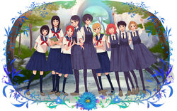  6+girls aoi_hana black_hair braid brown_hair commentary_request flower glasses happy hon&#039;atsugi_youko ikumi_kyouko kneehighs lineup manjoume_fumi mary_janes motegi_miwa multiple_girls okudaira_akira oono_haruka pantyhose photoshop_(medium) red_hair school_uniform serafuku shigureteki shoes skirt smile socks sugimoto_yasuko tree twin_braids ueda_ryouko yasuda_misako 