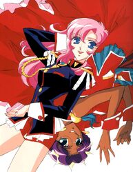  1990s_(style) 2girls absurdres aiguillette dark-skinned_female dark_skin dress epaulettes glasses hasegawa_shin&#039;ya highres himemiya_anthy long_hair lying multiple_girls official_art pink_hair purple_hair retro_artstyle shoujo_kakumei_utena tenjou_utena white_background 