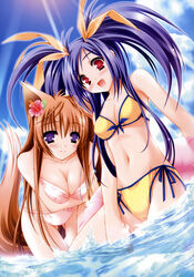  2girls :d absurdres animal_ears bikini blush breasts cleavage day flower hair_flower hair_ornament hibiscus highres kawai_ameri long_hair medium_breasts mito_mashiro moekibara_fumitake multiple_girls navel oerba_yun_fang open_mouth purple_eyes purple_hair red_eyes ribbon scan side-tie_bikini_bottom smile swimsuit tail tayutama very_long_hair wading water 