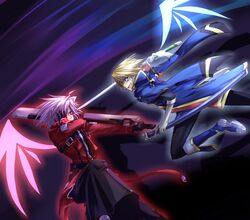  2boys bad_id bad_pixiv_id battle black_hakama black_pants blazblue blonde_hair blue_footwear boots duel grey_hair hakama hakama_pants japanese_clothes jin_kisaragi male_focus mono_(sa) multiple_boys pants ragna_the_bloodedge sword weapon white_hair yukianesa 