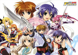  1boy 6+girls absurdres agito_(nanoha) armor bardiche_(nanoha) belt blonde_hair blue_eyes brown_hair buckle cape coat copyright_name cross_mirage dual_wielding ec_divider_code-996 energy_blade fate_testarossa fingerless_gloves fur_trim gauntlets gloves green_eyes gun gunblade handgun headband higa_yukari highres holding isis_egret jacket laevatein_(nanoha) lily-strosek long_hair lyrical_nanoha magic_circle magical_girl mahou_senki_lyrical_nanoha_force mini_person minigirl multiple_girls open_clothes open_jacket open_mouth orange_hair pink_hair ponytail purple_eyes purple_hair red_eyes red_hair short_hair side_ponytail signum skirt smile steed_(nanoha) subaru_nakajima sword takamachi_nanoha teana_lanster thighhighs thoma_avenir trigger_discipline waist_cape weapon wings yellow_eyes zettai_ryouiki 