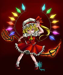  &gt;:) ascot bad_deviantart_id bad_id blonde_hair coin dated evil_grin evil_smile female fire flandre_scarlet frills full_body glowing grin hat laevatein_(touhou) madkoifish mary_janes one_side_up ponytail rainbow_order red_background red_eyes red_skirt shoes short_hair simple_background skirt slit_pupils smile socks solo touhou v-shaped_eyebrows wings 