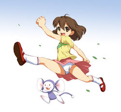  brown_hair chinpui chinpui_(chinpui) commentary_request female joy_ride jumping kasuga_eri miniskirt panties pantyshot red_footwear shirt shoes skirt smile socks t-shirt underwear white_socks 