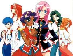  1990s_(style) 3boys 3girls aiguillette arisugawa_juri bishounen hasegawa_shin&#039;ya highres himemiya_anthy kaoru_miki kiryuu_touga multiple_boys multiple_girls official_art retro_artstyle saionji_kyouichi scan shoujo_kakumei_utena tenjou_utena 