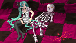  aisora aqua_hair blue_eyes checkered_blanket commentary_request female hair_ribbon hatsune_miku legs long_hair lying on_back parody petals pose ribbon robot senkousha skeleton skirt solo sweatdrop thighhighs twintails very_long_hair vocaloid world_is_mine_(vocaloid) zettai_ryouiki 