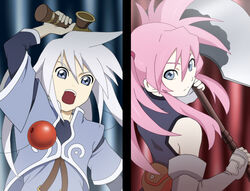  1boy axe commentary_request cut-in elbow_gloves female genis_sage gloves holding holding_axe kamakiri kendama looking_back presea_combatir sleeveless tales_of_(series) tales_of_symphonia twintails weapon 