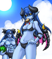  1boy astaroth_(shinrabanshou) belial_(shinrabanshou) bikini black_sclera blue_hair blue_skin breasts cloud colored_sclera colored_skin commentary day demon_girl demon_tail eating female food fruit horns kobayashi_tetsuya large_breasts male_swimwear mouth_hold muscular pointy_ears shinrabanshou sky sun sunglasses swim_briefs swimsuit tail watermelon wings yellow_eyes 