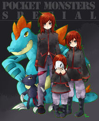  3boys age_difference copyright_name feraligatr ginkun grey_eyes lolicon mask multiple_boys multiple_persona photoshop_(medium) pokemon pokemon_(creature) pokemon_adventures red_hair silver_(pokemon) sneasel time_paradox 