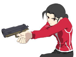  428:_fuusa_sareta_shibuya_de black_hair canaan_(series) cocked_hammer commentary_request female finger_on_trigger gun handgun hetare_(hetaheta) holding holding_gun holding_weapon left_4_dead parody red_eyes solo weapon zoey_(left_4_dead) 