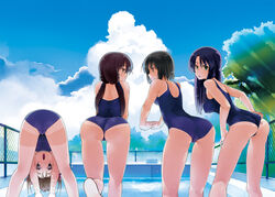  4girls :o accessory_tan ass barefoot bent_over black_hair blue_eyes blue_hair brown_hair caustics chain-link_fence cloud commentary_request day eye_contact fence from_behind kneepits leaning_forward long_hair looking_at_another looking_at_viewer looking_back looking_through_own_legs multiple_girls one-piece_swimsuit one-piece_tan original outdoors pool poolside school_swimsuit shino_satoru short_hair sky stretching swimsuit tan tanlines tree upside-down vanishing_point water 