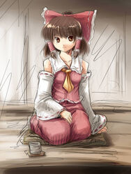  bad_id bad_pixiv_id bow brown_eyes brown_hair detached_sleeves female hairbow hakurei_reimu kakkou red_bow short_hair solo touhou 