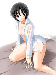  amagami black_eyes black_hair bottomless breasts female keito_(keito-ya) medium_breasts nanasaki_ai open_clothes open_shirt shirt short_hair solo 