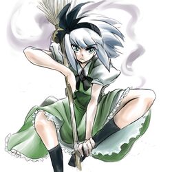  black_hairband blue_eyes broom commentary_request female ghost grey_hair hairband hitodama konpaku_youmu konpaku_youmu_(ghost) naui_kudan short_hair solo touhou 