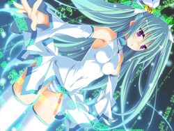  aqua_hair bell detached_sleeves ezekiel_(osananajimi_wa_daitouryou) female game_cg hisatake osananajimi_wa_daitouryou panties purple_eyes solo striped_clothes striped_panties thighhighs twintails two_side_up underwear 