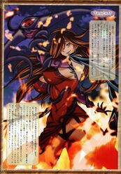  absurdres breasts brown_hair elbow_gloves female flame_master_nyx gloves grin hair_over_one_eye highres kaneko_hiraku large_breasts long_hair non-web_source nyx_(queen&#039;s_blade) open_mouth panties queen&#039;s_blade sideboob smile solo staff tentacle underwear 