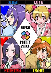  4-fingers_heart_hands 4girls aono_miki bad_id bad_pixiv_id blazer blue_background blush brown_eyes brown_hair character_name christian_private_white_clover_academy_school_uniform clover copyright_name four-leaf_clover fresh_precure! heart heart_hands higashi_setsuna jacket long_hair momozono_love multiple_girls necktie pink_background pink_eyes precure public_yotsuba_middle_school_uniform purple_eyes purple_hair school_uniform short_hair side_ponytail smile tame_meshi torigoe_gakuen_school_uniform twintails yamabuki_inori yellow_background 