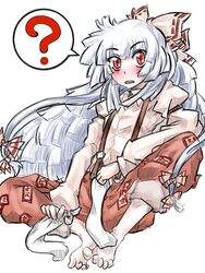  ? barefoot blush bow commentary_request feet female fujiwara_no_mokou hairbow long_hair multiple_hair_bows naui_kudan pants red_eyes sketch socks solo suspenders touhou white_hair 