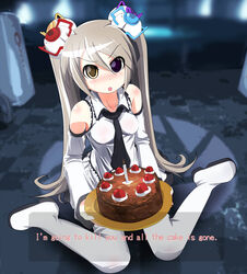  anger_core angry bad_source bare_shoulders black_forest_cake blush boots cake cake_core candle curiosity_core detached_sleeves english_text fake_screenshot female food full_body glados hairpods hangaku hatsune_miku heterochromia highres long_hair meme morality_core necktie pastry personality_core personification portal_(series) portal_1 sitting solo spoilers the_cake_is_a_lie_(meme) thigh_boots thighhighs tray tsundere twintails vocaloid wariza white_hair white_thighhighs 